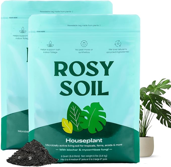 Rosy Soil Indoor Potting Soil for House Plants, 2 x 8 qrt - Organic Potting Soil Mix for Indoor Plants -Enriched w/Root-Boosting Biochar for Foliage Plants, Flowers, Herbs - Pack of 2