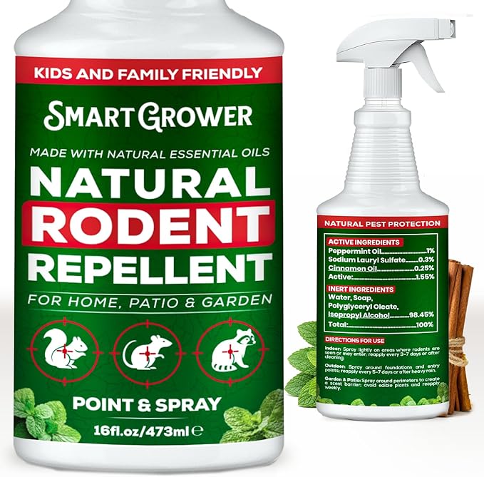 Smart Grower Peppermint Oil Spray for Rodents – Maximum Strength Ready to Use Peppermint Spray for Rodent, Mice, Squirrels – Indoor, Outdoor & Car Engine Protection – 16 oz