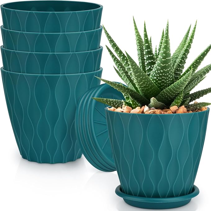 YNNICO 6 inch Plant Pots, 5 Pack Flower Pots Outdoor Indoor, Planters with Drainage Hole and Tray Saucer(Blue