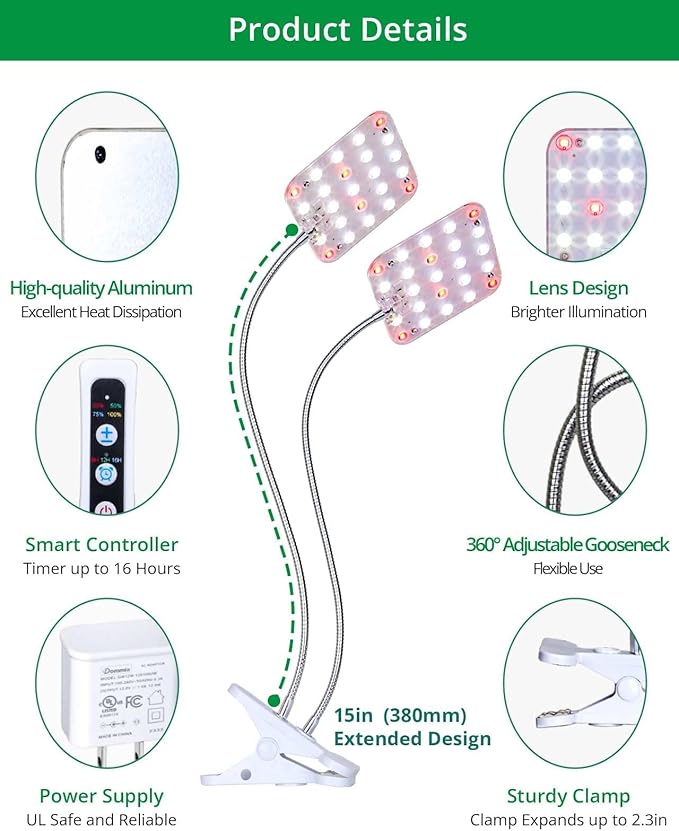 DOMMIA Plant Light, Dimmable Desk Clip on Plant Light for Indoor Plants with 6/12/16h Timer, Gooseneck Grow Lamps, Full Spectrum for Seeding, Succulent, Potted Plants, 2-Head