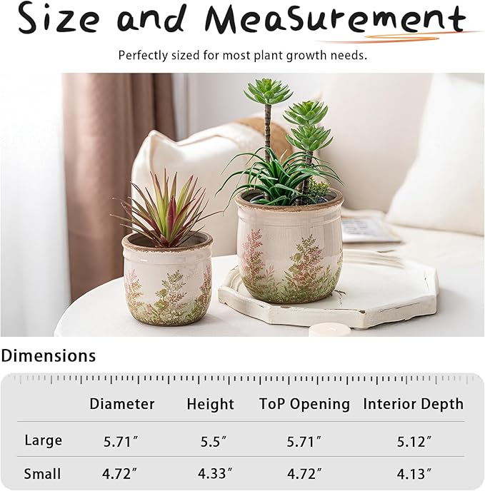 SURE YUESI Vintage Pink and Green Ceramic Planter Set of 2, 4.7+5.7 Inch Rustic Flower Pots for Indoor Plants, Decorative Ceramic Plant Pots for Home, Living Room, Garden, Gardening Gift