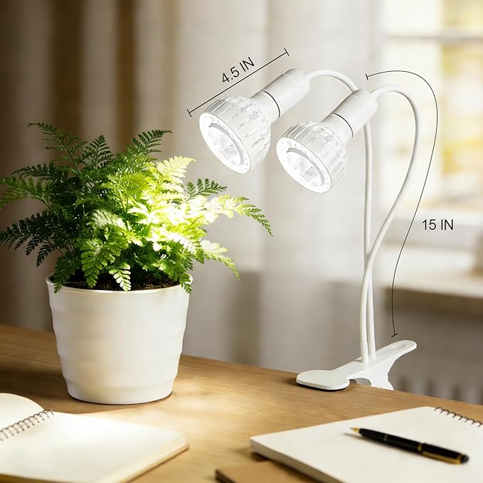 LED Grow Light, Dual-Head 5000K White Full Spectrum Clip-on Gooseneck Plant Lamp for Indoor Desk Plants Growing with 4/8/12H Timer, Bulb Replacement & Smart Plug Compatible (24W Equivalent 160W)