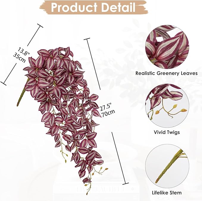 DILATATA Fake Hanging Plants Artificial Hanging Plants 187 Leaves Faux Wandering Jew Hanging Leaves Plants for Wall Shelf Home Indoor Outdoor Decor - 2 Pack