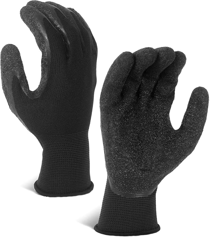Evridwear Crinkle Latex Rubber Hand Coated Safety Work Gloves for Men Women General Multi Use Construction Warehouse Gardening Assembly Landscaping,Black X-small 12 Pairs Pack