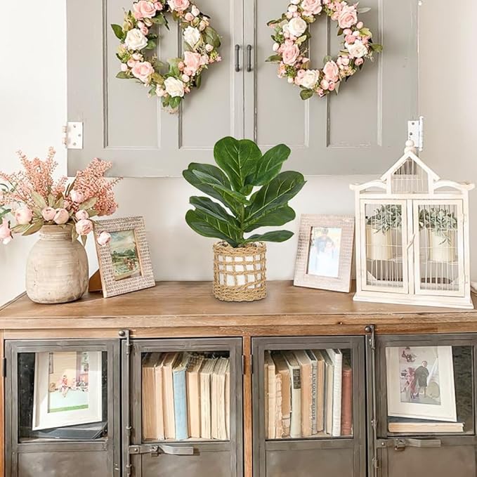 Briful Fake Plants Potted Plant Artificial Realistic Houseplant in White Ceramic Vase Wrapped Woven Pot, Fiddle Leaf Fig Faux Plant Indoor for Home Farmhouse Wedding Tabletop Shelf Decor