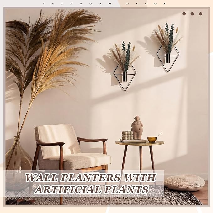 Jexine 4 Pcs Hanging Planters with Artificial Pampas Grass Metal Hanging Vase Indoor Plants Holder Modern Geometric Boho Bathroom Wall Decor for Living Room Home Office(Black)