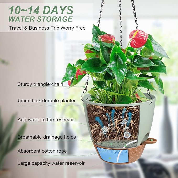 Vanslogreen Hanging Planters for Indoor Outdoor Plants, 1 Set Self Watering Hanging Pot with Drainage Holes & Removable Tray (Green-12inch, 12'')