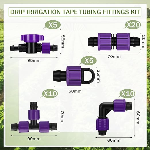 Tondiamo 50 Pcs Garden 5/8" Drip Irrigation Tape Tubing Fittings Kit Include Connector, Tee Coupling, Elbows, End Cap, On/Off Valve Barb for Most 16-17 mm Tubing Irrigation System(Purple)