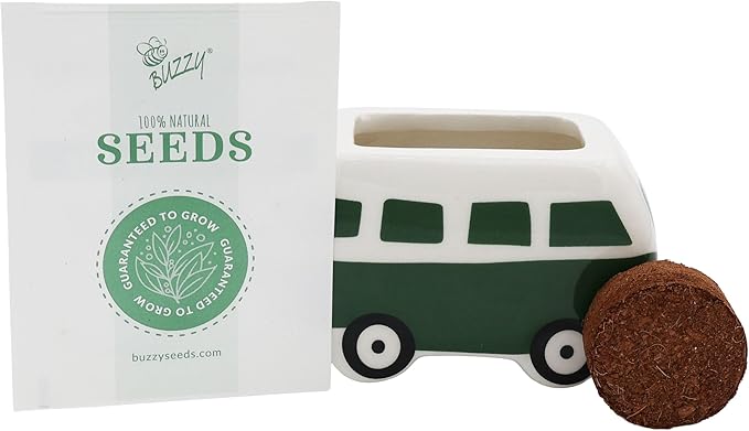 BUZZY Seeds Mini Ceramic Flower Bus Grow Kit, 4-Pack – Colorful Retro Bus Planters with Daisy, Cosmos, Calendula & Coneflower Seeds, All-in-One Seed Starter Gift Set