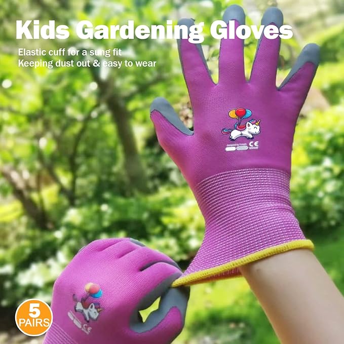 KDK 5 Pairs Kids Gardening Gloves Yard Work Gloves Children Soft Safety Rubber Coated Gloves for Toddlers Youth Girls Boys Children (6-8yr M)