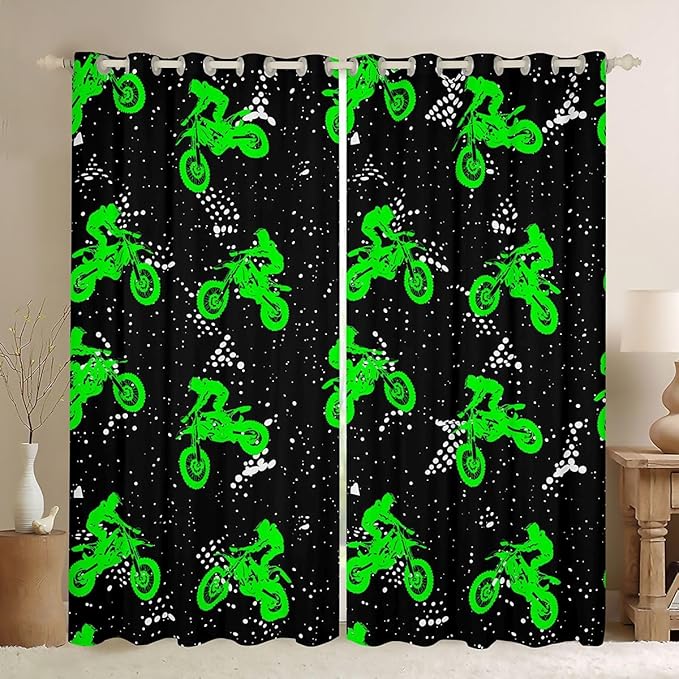 Feelyou Boys Dirt Bike Window Curtains Bedroom Living Room Cool Sports Curtains Kids Room Decor Boys Motocross Rider Window Drapes Fluorescent Green Bike Window Treatments 52W X 90L，2 Panels