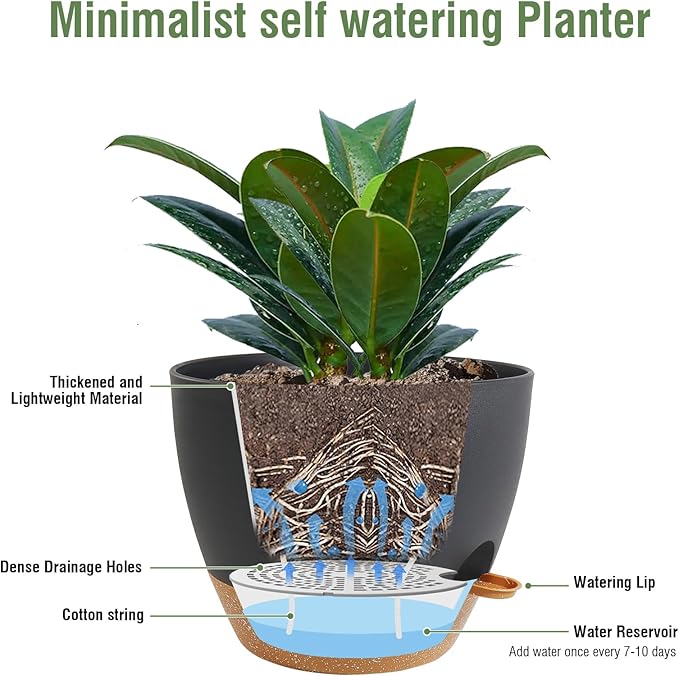 Meowell 12 inch Large Self Watering Pots, Plant Pots with Mesh Drainage Holes for Indoor Outdoor Plants, Plastic Planters with Deep Reservoir for Garden House Flower Plants, Black with Brown