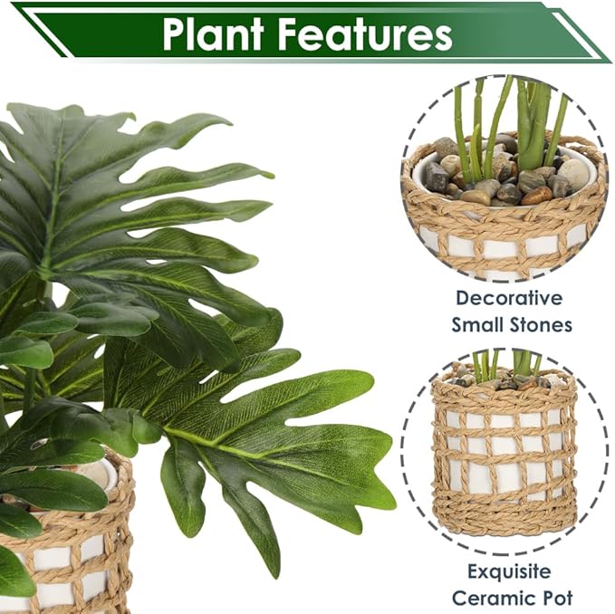 Briful Fake Plants Potted Monstera Plant Artificial Realistic Houseplant in White Ceramic Vase Wrapped Woven Pot, Faux Plant Indoor for Home Farmhouse Wedding Tabletop Shelf Decor