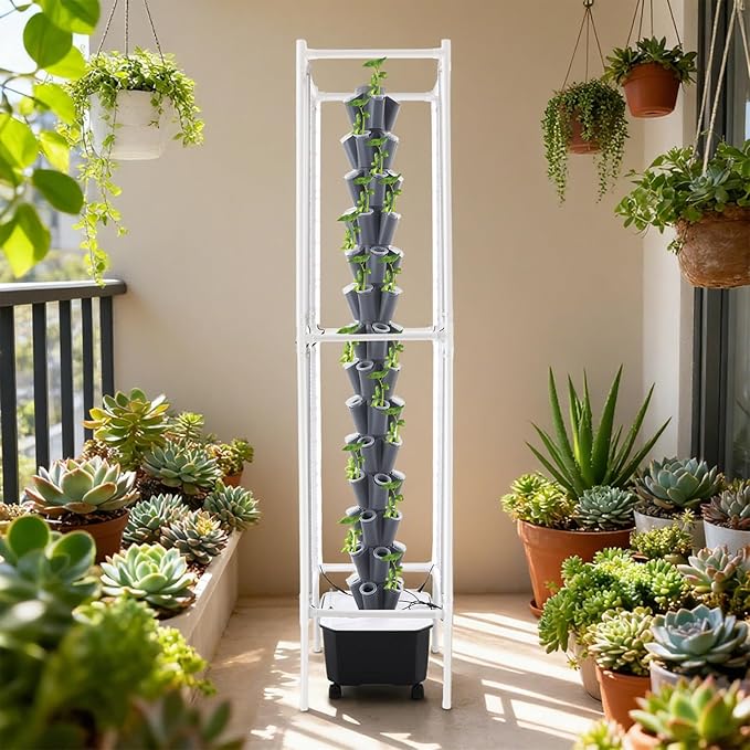 Hydroponic Growing System Kit - 70 Pods Large Vertical Hydroponics Tower with 8 LED Light Strips, 14-Tiers Smart Indoor Herb Garden for Kitchen Office Winter Balcony Planting (Grey)