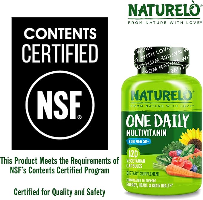 NATURELO Mens Multivitamins for Men 50+ - One Daily Multivitamin for Men with Vitamins, Minerals & Organic Whole Foods, Boost Energy & Health, Non-GMO, 120 Vegetarian Capsules