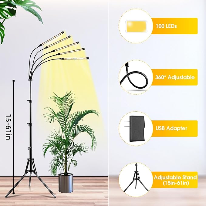 Wolezek Grow Lights for Indoor Plants, 2 Pack Full Spectrum Plant Light with Adjustable Stand, 5-Head LED Grow Light with Auto 6/12/16H Timer, 5 Brightness Levels, Ideal for Large & Tall Plants