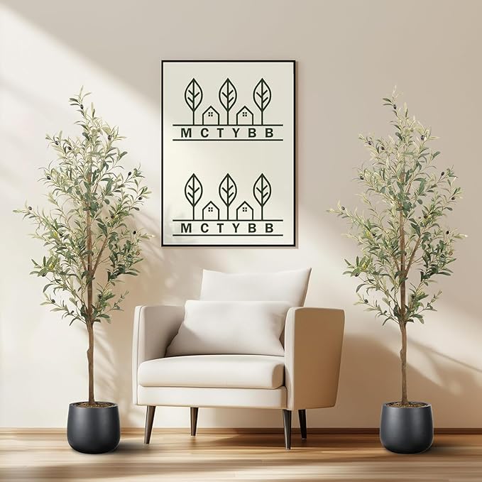Artificial Fake Olive Tree 5FT Tall 2Pack Faux Silk Olive Tree for Home Living Room Office Decor Faux Artificial Plants Indoor Fake Potted Plants with Fruit & Free Moss
