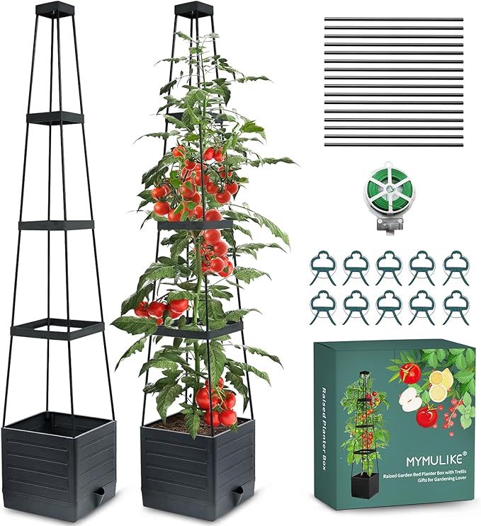 MYMULIKE Raised Garden Bed Tomato Planter with Trellis, 58" Tomato Cage for Climbing Vegetables Plant, Self Watering Pots for Indoor Plants Garden Pots Patio Greenhouse Indoor Outdoor