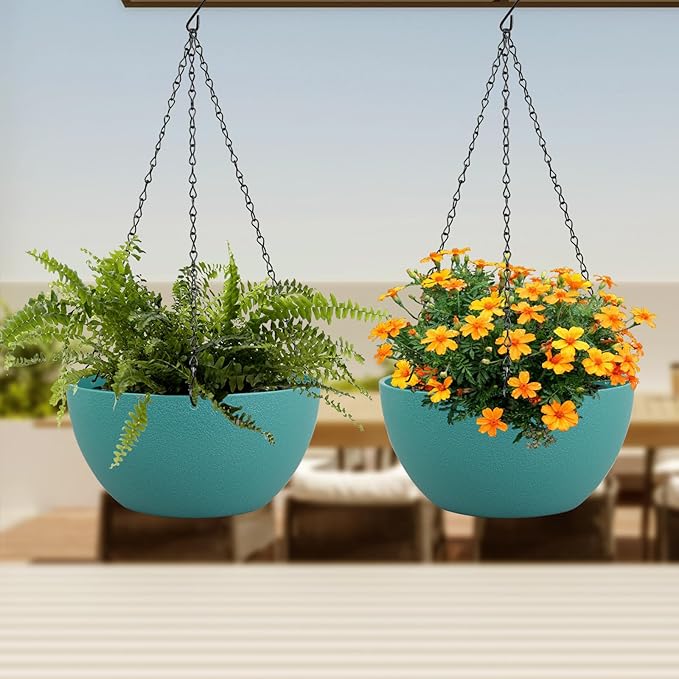 Meowell 10 inch Hanging Planters for Indoor Outdoor Plants, 2 Pack Hanging Flower Pots with Drainage Holes and Chain for Garden Porch, Plastic Hanging Baskets for House Plants, Blue Green