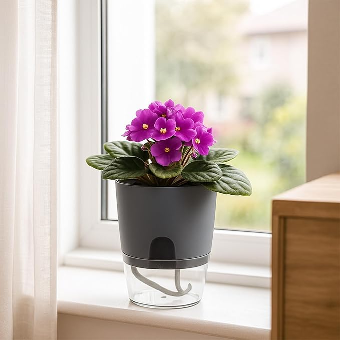 8 Pack Self Watering Pots for Indoor Plants, PlanterHoma 3.2 Inch Plant Pot Plastic Self Watering Planter for Orchid, African Violet, Mini Clear Flower Pots with Drainage Holes and Wicking Rope, Grey