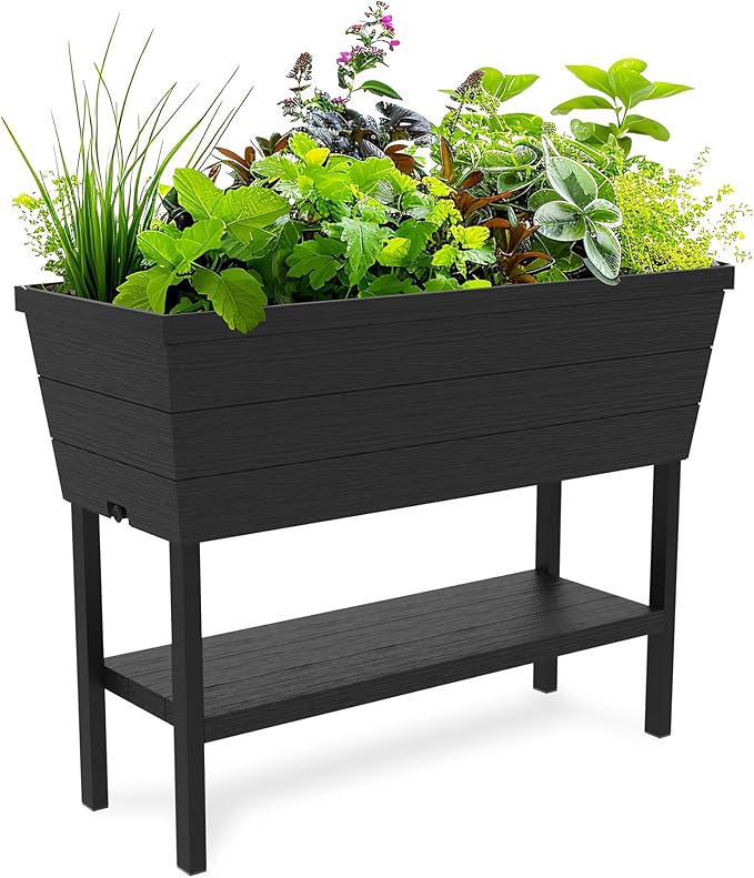Keter Urban Bloomer 12.7 Gallon Raised Garden Bed and Outdoor Herb Garden Planter with Self Watering Gauge and Drainage Plug, Dark Grey