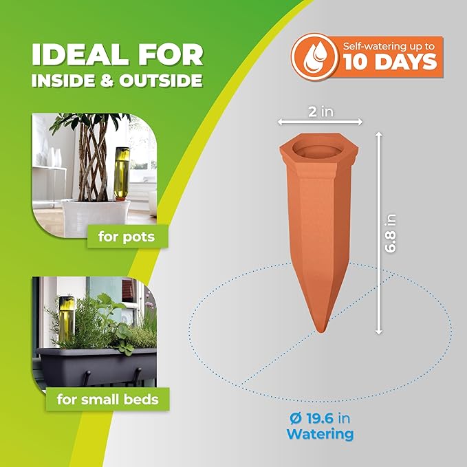 BioGreen Plant Self-Watering Stakes Hydro Wine | Irrigation Ø 19.6 inches | Clay Spikes for Wine-/PET-Bottles up to 3.1 Cups | Terracotta | 4 Pcs