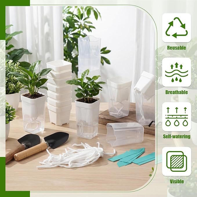 30 Pack 2" Small Self Watering Pots for Indoor Plants Clear Mini Self Watering Plant Pot with Water Level, Drainage Holes 30 Plastic Label 3 Planting Tools, Rope for Propagation Succulents