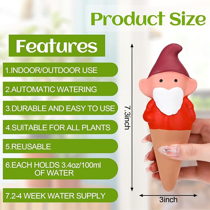 Teenyyou 7 Pcs 3.4 Fl oz Terracotta Self Watering Spikes Cute Gnomes Auto Water Planter Insert Small Watering Globes Slow Vacation Waterer Devices Indoor Outdoor House Plant Accessories
