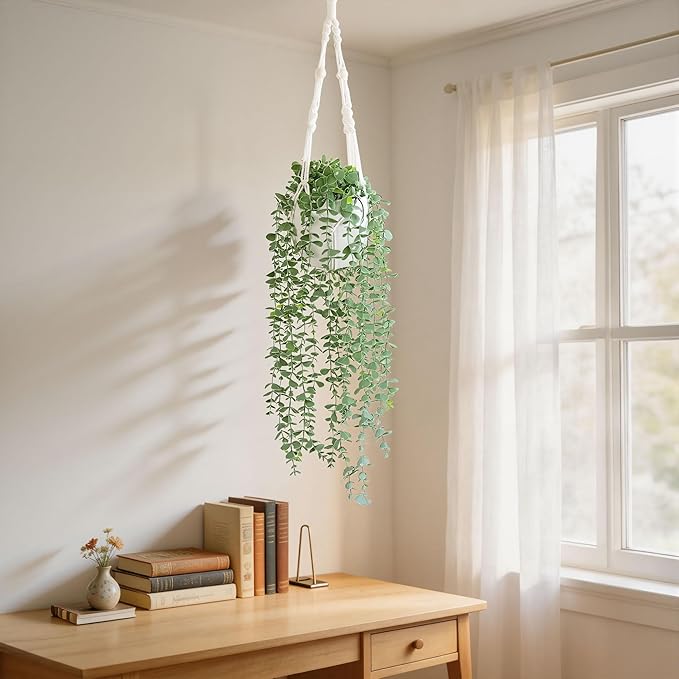 DREAMLOOM Fake Hanging Plants with Pot, Artificial Eucalyptus Hanging Plants with Macrame Hanger for Indoor Decor, Fake Hanging Vines Faux Greenery for Home Kitchen Office