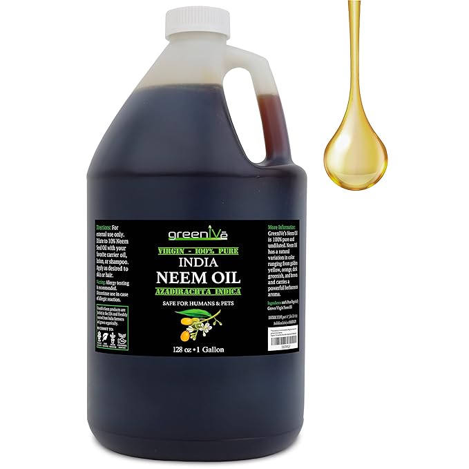 GreenIVe 100% Pure Neem Oil Bulk Size Cold Pressed Virgin Unrefined Hexane Free Natural Plant Based Non-GMO Hair & Skin Care - Nail Cuticle, Pet, Plant Care Gallon Bulk 128 fl oz 1 Gallon