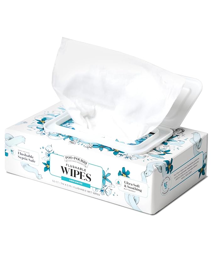 Poo~Pourri Unscented Flushable Wipes - Made with Plant Based Fibers, Aloe, Vitamin E, Chamomile, and Oat Extract - Adult Wet Wipes - 50 count Dispenser Box - Sewer & Septic Safe - Sensitive Skin Safe