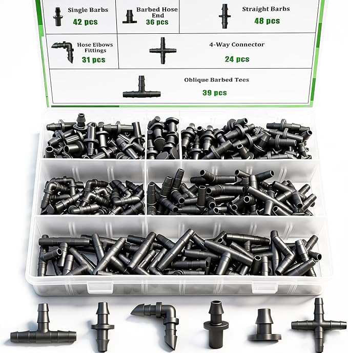 220Pcs Barbed Connectors Irrigation Fittings Kit,Irrigation Connector for 1/4" Tubing Garden Lawn Irrigation,End Plug,Barbs,Straight Barbs,Single Barbs,4-Way Coupling,Tees