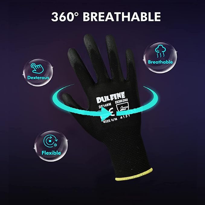 DULFINE Ultra-Thin PU Coated Work Gloves-12 Pairs,Excellent Grip,Nylon Shell Black Polyurethane Coated Safety Work Gloves, Knit Wrist Cuff,Ideal for Light Duty Work. (X-Small)