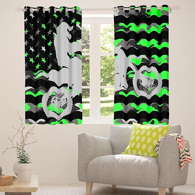 Feelyou Fluorescent Green Camo Curtains Bedroom Living Room Dirt Bike Darkening Drapes Boys Extreme Sports Blackout Curtains Camouflage Racing Motocross Rider Window Treatments, 2 Panels 52 x 84 Inch