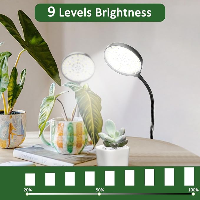 Indoor Plant Grow Light, 6000K Full Spectrum LED, Auto On/Off Timer, 9 Dimming Levels, 360 Adjustable Gooseneck, Modern Style, Black