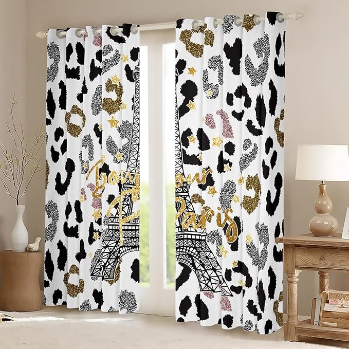 Feelyou Eiffel Tower Curtains Leopard Print Window Curtains Bedroom Living Room Kids Room Decor Boys Girls Paris Tower Window Drapes Cheetah Print Window Treatments 42W X 90L，2 Panels