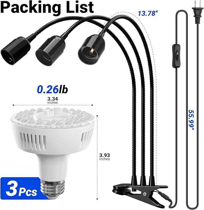Barrina Orbgrow OG11A3 Clip On Grow Lights for Indoor Plants, Integrated Stepless Dimming & Timing, 5000K 33W(3 x 11W, 300 Watt Equiv), Full Spectrum 3-Gooseneck with E26 Plant Light Bulbs