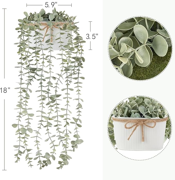 Mkono Fake Hanging Plants in Farmhouse Galvanized Pots Rustic Faux Potted Eucalyptus Greenery Indoor Artificial Plants for Book Shelf Mantel Living Room Bathroom Bedroom Home Office Decor (1, White)