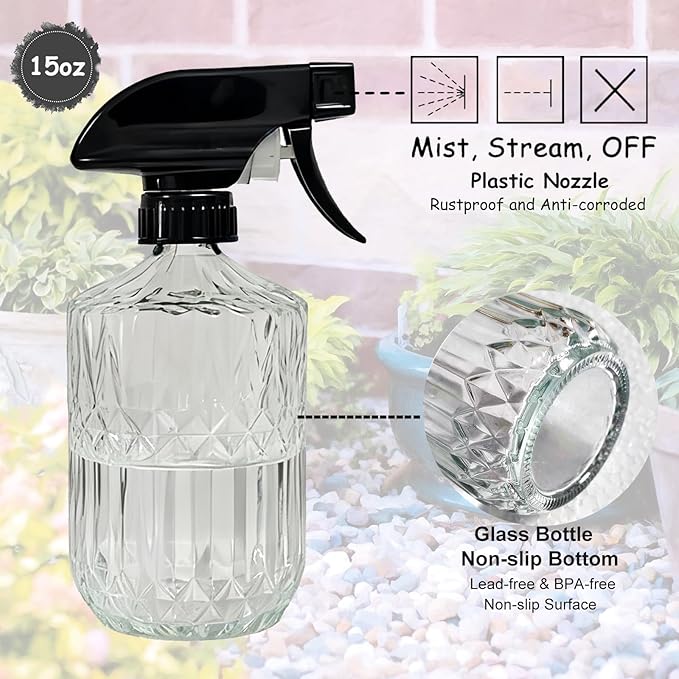 YYTSGG Clear Glass Handheld Spray Bottle, 15oz Refillable Plant Mister Bottle, Water Spray Bottle with Adjustable Mist Nozzle for Indoor Flowers, Outdoor Gardening, Cleaning, Hair and Pets Care