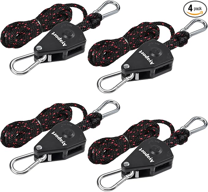 Ayaport Adjustable Rope Hanger Grow Light Hanger, 14Ft 3/8" Heavy Duty Plant Pulley Rope Tightener Ratchet Tie Down for Kayak, Tent Tie Downs, 4 Pack
