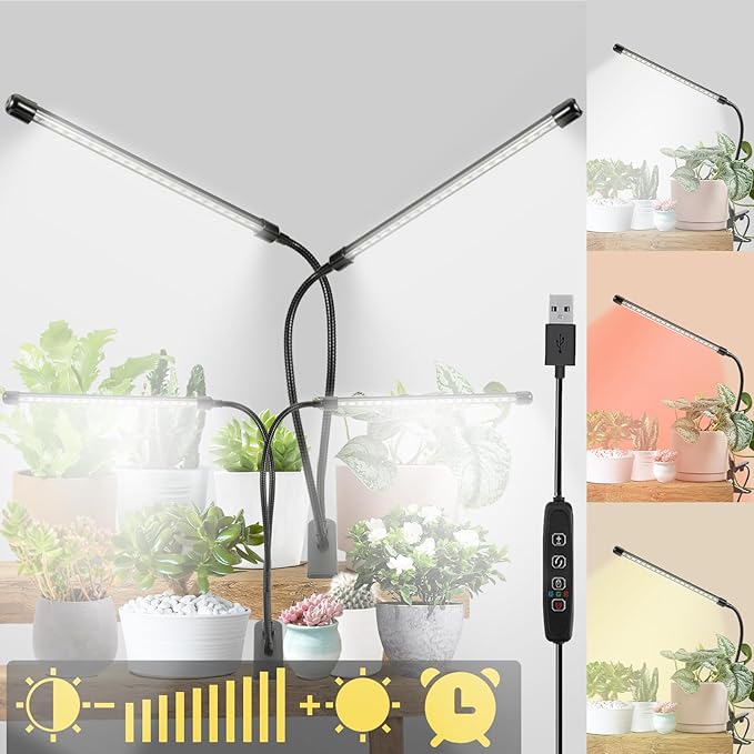 2 Head Plant Lights, 6000K Full Spectrum Grow Light for Flowers, Fruits, Vegetables, Auto On Off Timing, 9 Dimming, 360 Degree Adjustable Grow Lights for Indoor Plants, 2 Pack