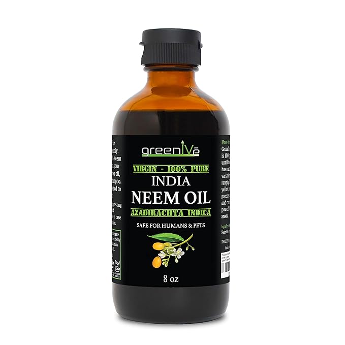 GreenIVe 100% Pure Neem Oil Glass Bottle Naturally Grown - Cold Pressed Virgin Unrefined Hexane Free Hair & Skin Massage & Carrier Oil - Nail Cuticle, Pet, Plant Care 8 fl oz GLASS Bottle