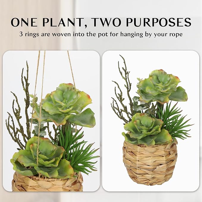 Villa Como 10" Large Succulents Plants Artificial in Wooden Pots, Potted Faux Succulent Arrangement with Woven Pots, Fake Desk Succulents Plants for Home Bathroom Shelf Table Indoor Decor