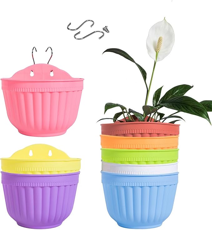 ORIMERC 8 Pack Colorful Wall Hanging Planters for Indoor Outdoor Plants, Wall Hanging Plant Holder with Drainage Hole, Balcony planters Railing Hanging Pot, Plant Wall Mount Decor with Hooks/Screws