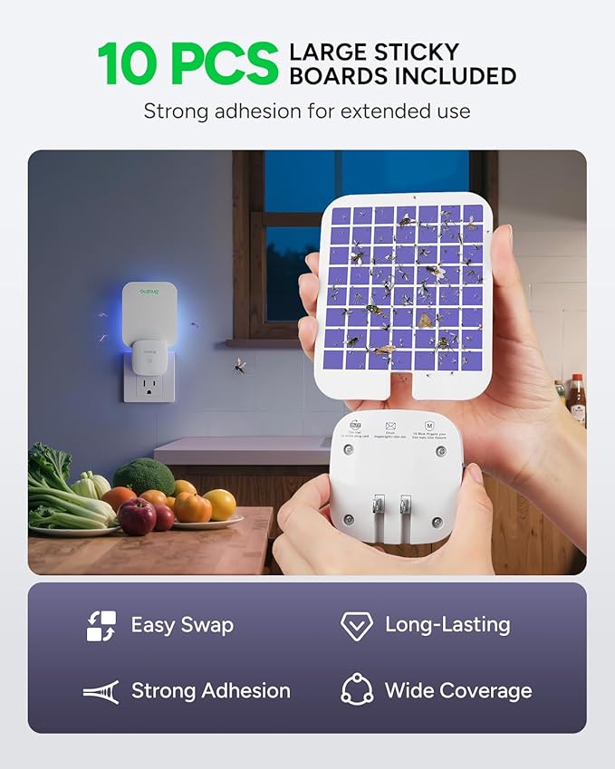 Buzbug Fly Trap Indoor, Plug-in Flying Insect Trap, Fruit Fly Traps for Indoors, Plug in Bug Trap, Gnat Trap for House Indoor, Bug Catcher for Gnat Moth Mosquito, 1 Device + 10 Refills Glue Cards