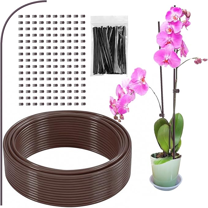32ft Plant Support Stakes with 50 Pcs Plant Clips and 800 Ties, Plant Sticks for Indoor and Outdoor Plants, Orchid Clips and Stakes, Tall Bendable & Cuttable Single Stem Flower Stakes (Brown, 65ft)