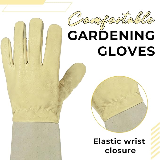 HANDLANDY Rose Pruning Gardening Gloves for Men Women, Thorn Proof Forearm Protection Leather Garden Gloves, Gardening Gifts for Gardeners (Vanilla, Medium)