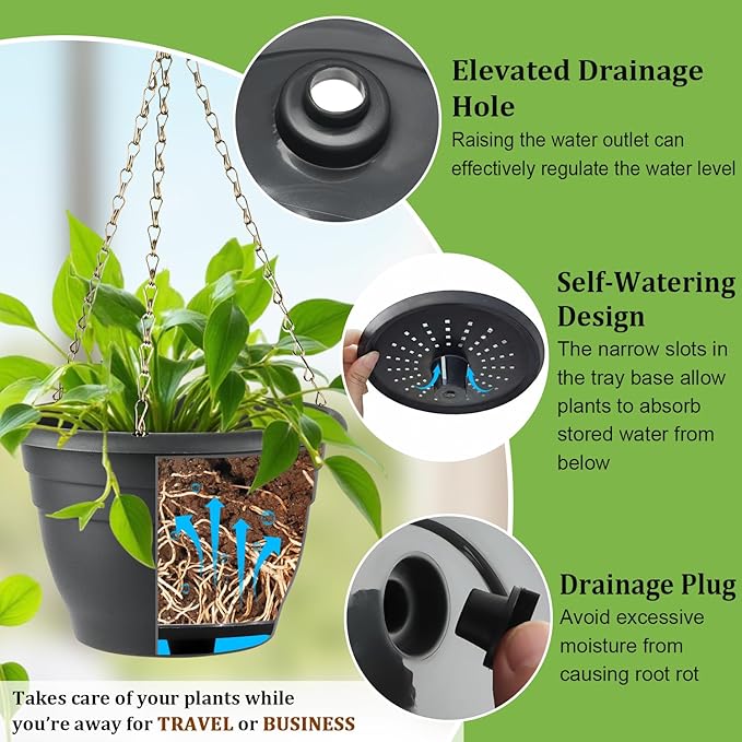 RooTrimmer Hanging Planters 10 Inch, 4 Pcs Flower Pots with Drainage Hole, Self Watering Hanging Basket for Indoor Outdoor Plants, Decor, Gray