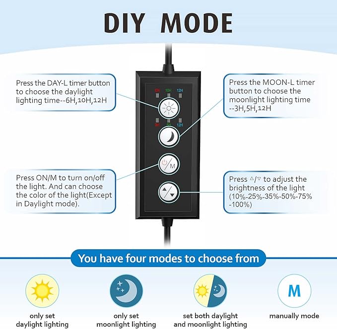 hygger Clip On Full Spectrum Aquarium LED Light, 14W Day-Night Dual Timer Sunrise-Day-Sunset-Moon Fish Tank Light, Adjustable Timer Brightness with 9 Colors for Planted Tank