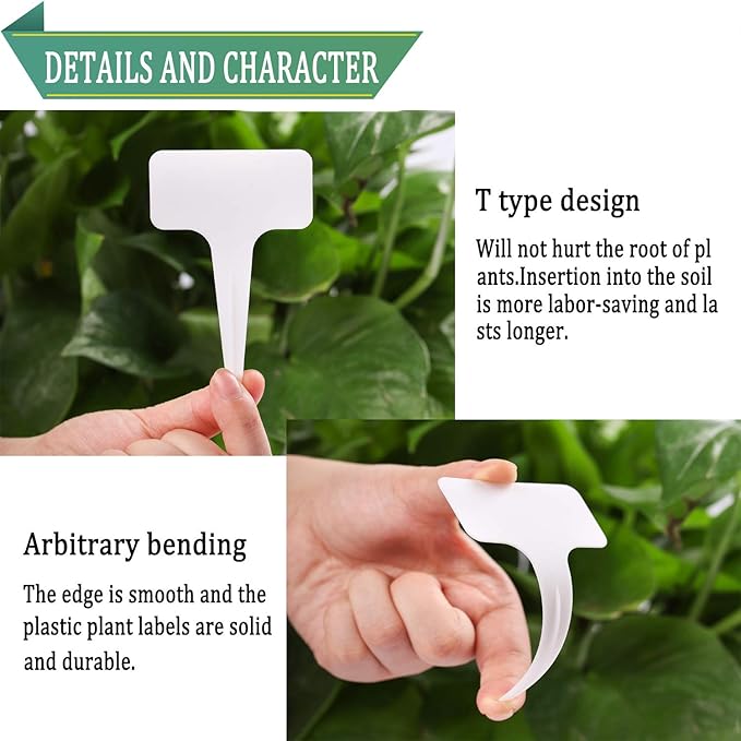 Whaline 100 Pcs Plastic Plant Labels White T-Type Garden Stake Tags Waterproof Plant Markers Reusable Plants Signs for Outdoor Indoor Nursery Potted Plants Seed with A Black Marker Pen (6 x 10 cm)